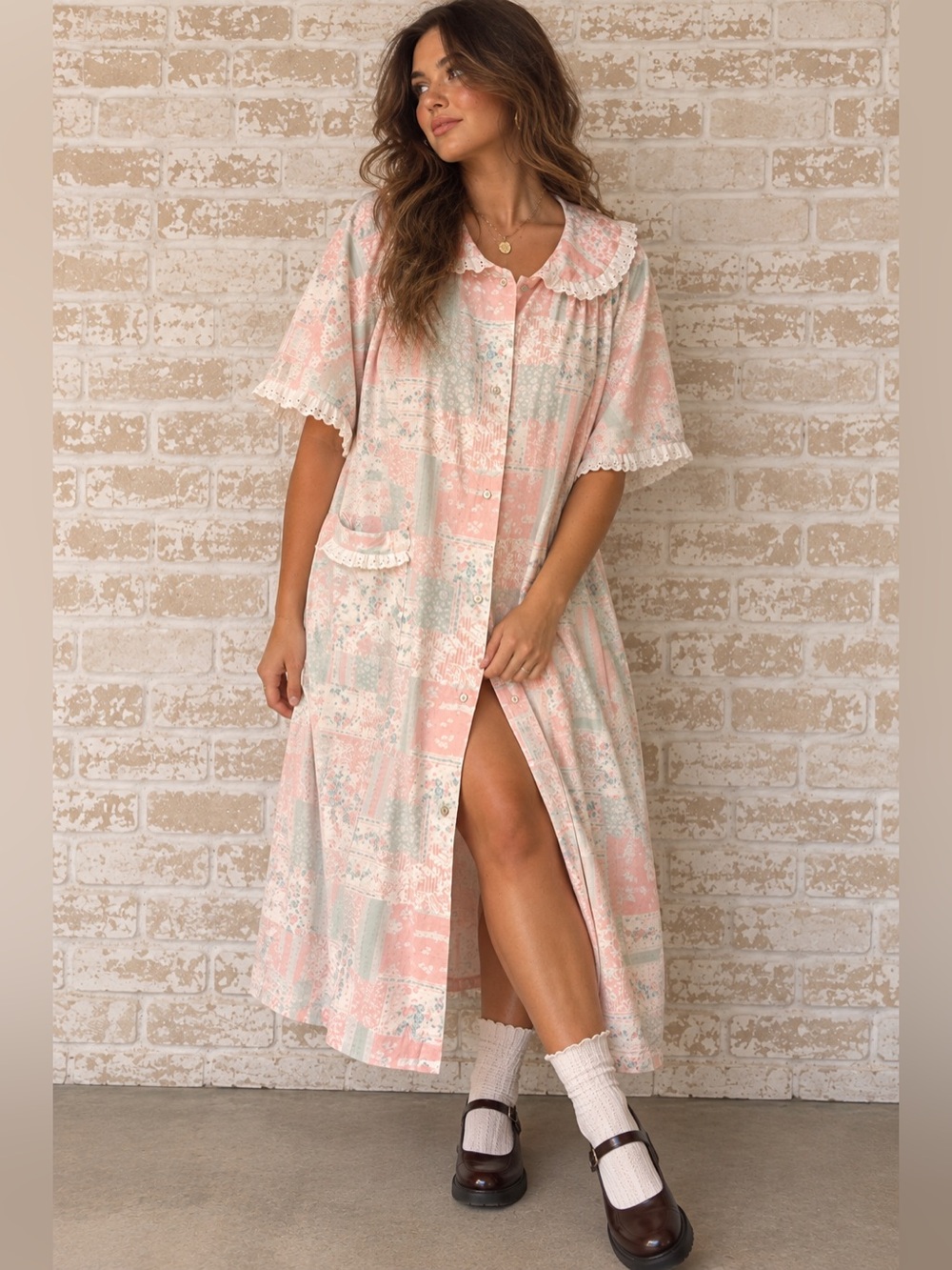 Vintage 80s 90s Plus Size Pastel Patchwork Cottagecore House Dress XXL